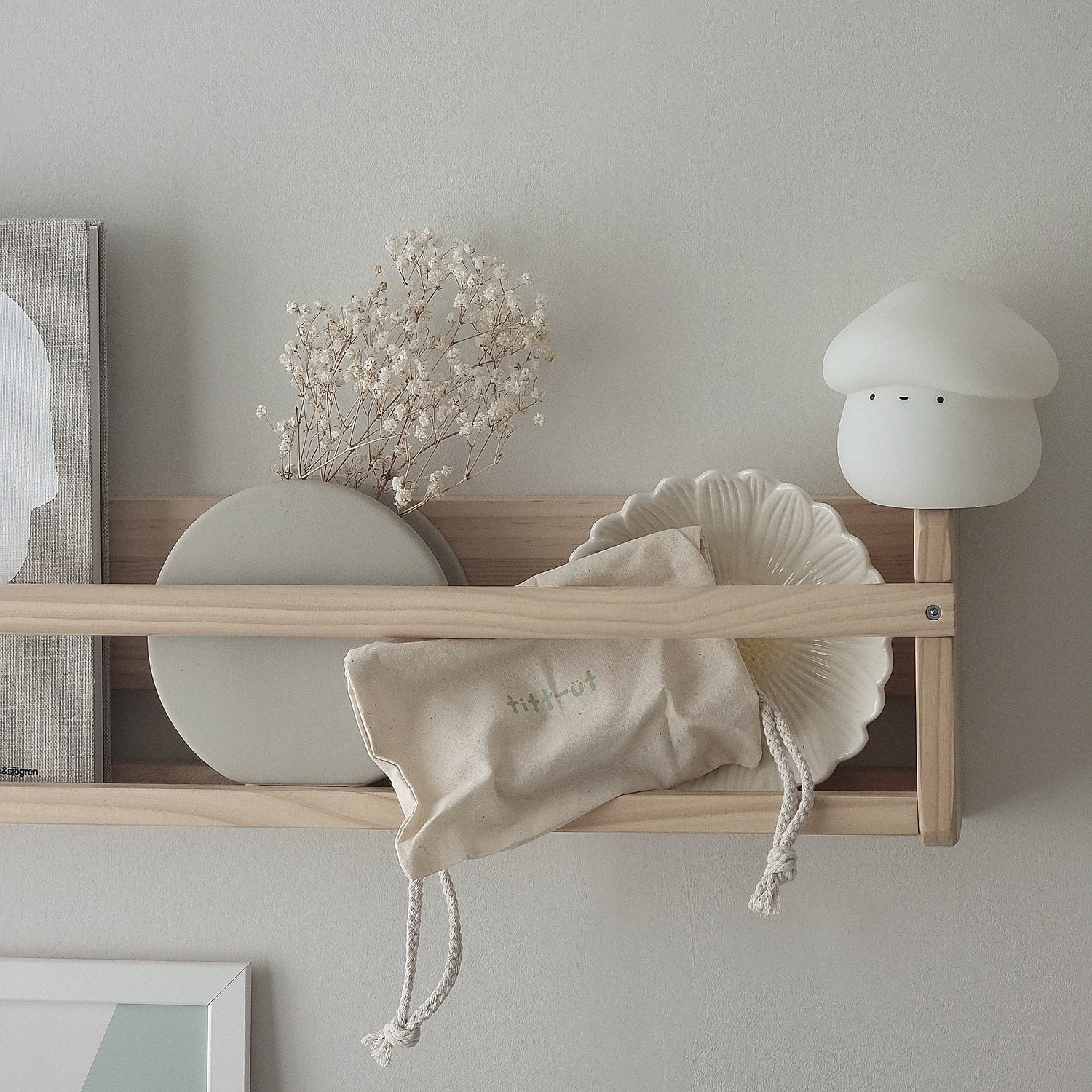 Wooden shelf with decorative scandinavian design silicone lamp 